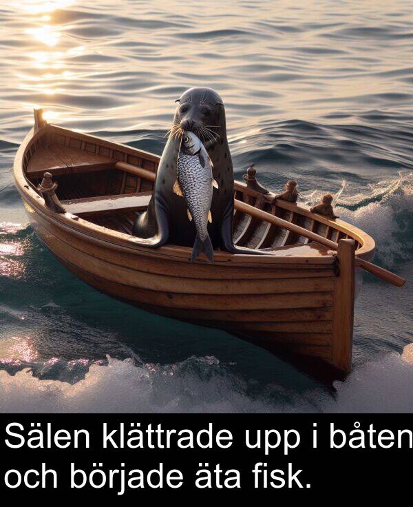 äta: Sälen klättrade upp i båten och började äta fisk.