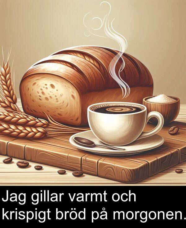 gillar: Jag gillar varmt och krispigt bröd på morgonen.