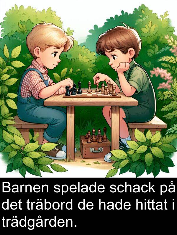 schack: Barnen spelade schack på det träbord de hade hittat i trädgården.