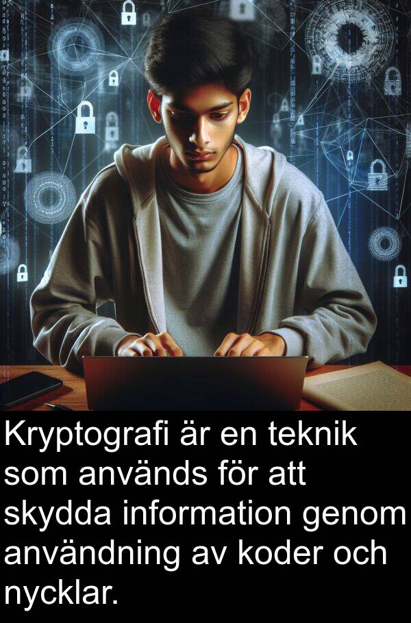 används: Kryptografi är en teknik som används för att skydda information genom användning av koder och nycklar.