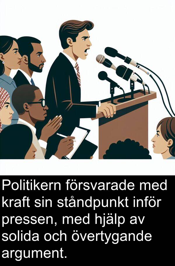 kraft: Politikern försvarade med kraft sin ståndpunkt inför pressen, med hjälp av solida och övertygande argument.