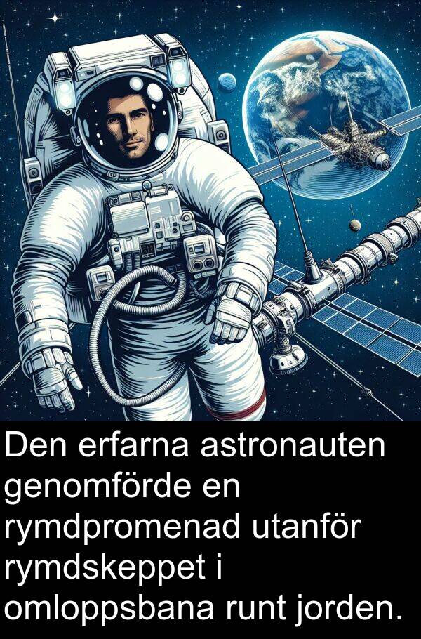 genomförde: Den erfarna astronauten genomförde en rymdpromenad utanför rymdskeppet i omloppsbana runt jorden.