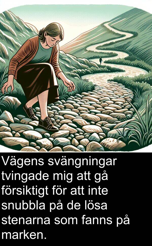 fanns: Vägens svängningar tvingade mig att gå försiktigt för att inte snubbla på de lösa stenarna som fanns på marken.