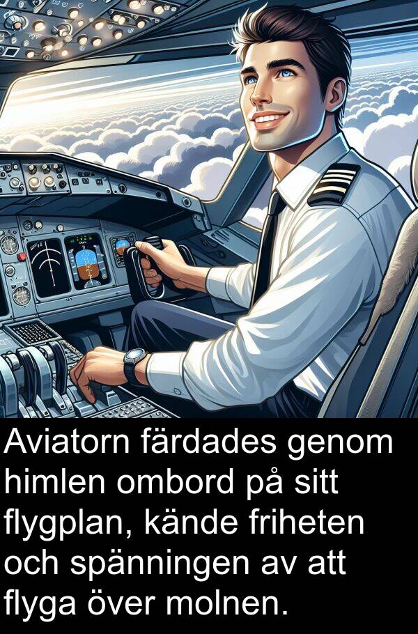 kände: Aviatorn färdades genom himlen ombord på sitt flygplan, kände friheten och spänningen av att flyga över molnen.