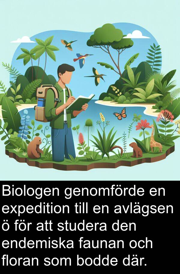 genomförde: Biologen genomförde en expedition till en avlägsen ö för att studera den endemiska faunan och floran som bodde där.