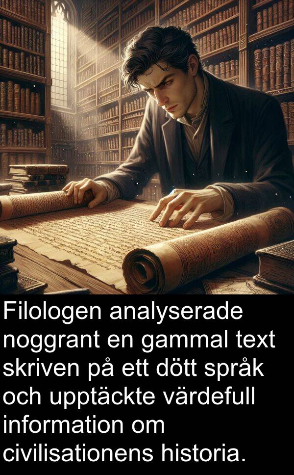 gammal: Filologen analyserade noggrant en gammal text skriven på ett dött språk och upptäckte värdefull information om civilisationens historia.