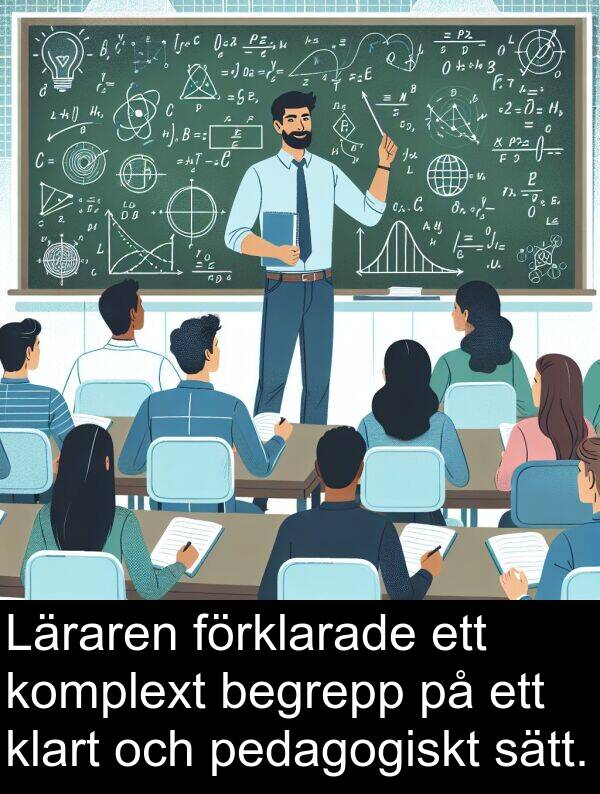 komplext: Läraren förklarade ett komplext begrepp på ett klart och pedagogiskt sätt.