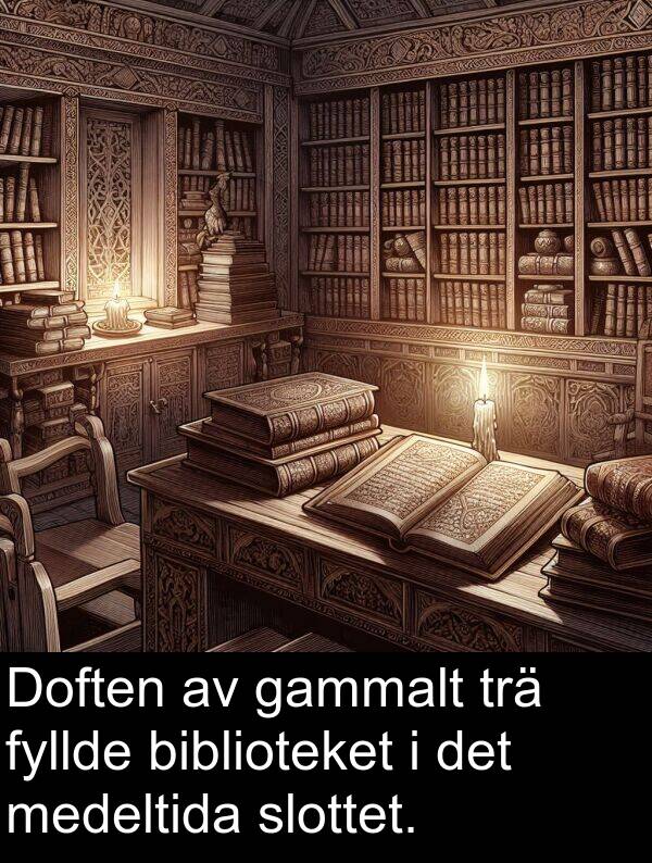 biblioteket: Doften av gammalt trä fyllde biblioteket i det medeltida slottet.