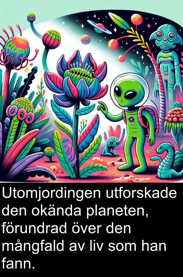 mångfald: Utomjordingen utforskade den okända planeten, förundrad över den mångfald av liv som han fann.