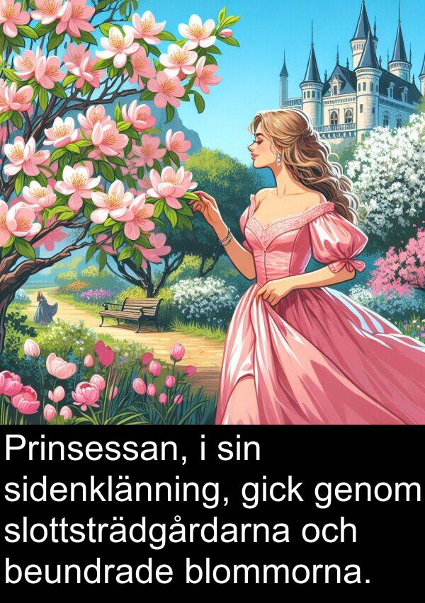 beundrade: Prinsessan, i sin sidenklänning, gick genom slottsträdgårdarna och beundrade blommorna.