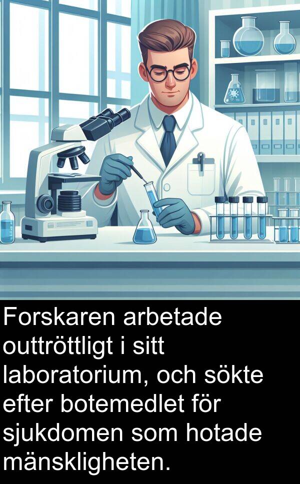 laboratorium: Forskaren arbetade outtröttligt i sitt laboratorium, och sökte efter botemedlet för sjukdomen som hotade mänskligheten.