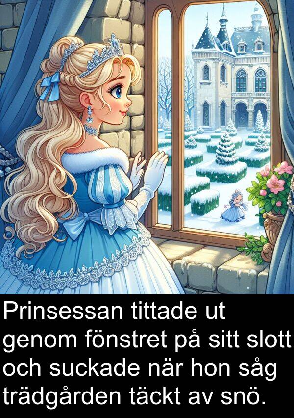 täckt: Prinsessan tittade ut genom fönstret på sitt slott och suckade när hon såg trädgården täckt av snö.