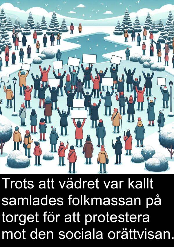 vädret: Trots att vädret var kallt samlades folkmassan på torget för att protestera mot den sociala orättvisan.