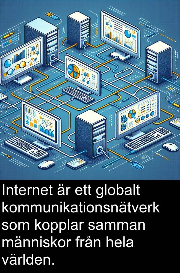 samman: Internet är ett globalt kommunikationsnätverk som kopplar samman människor från hela världen.