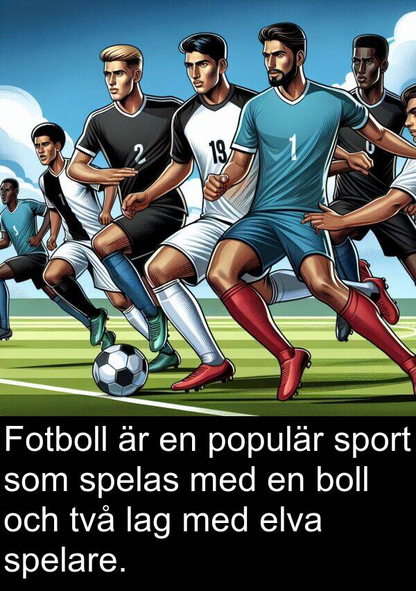 elva: Fotboll är en populär sport som spelas med en boll och två lag med elva spelare.