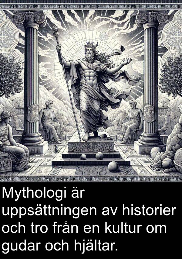 uppsättningen: Mythologi är uppsättningen av historier och tro från en kultur om gudar och hjältar.