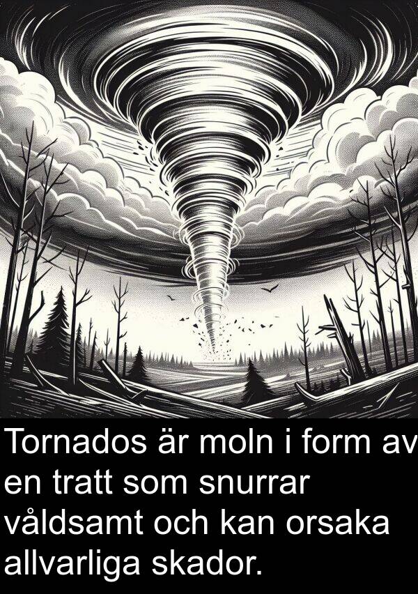 våldsamt: Tornados är moln i form av en tratt som snurrar våldsamt och kan orsaka allvarliga skador.