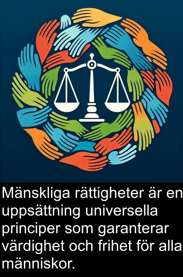 garanterar: Mänskliga rättigheter är en uppsättning universella principer som garanterar värdighet och frihet för alla människor.