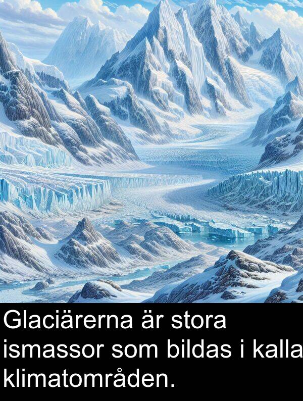 kalla: Glaciärerna är stora ismassor som bildas i kalla klimatområden.