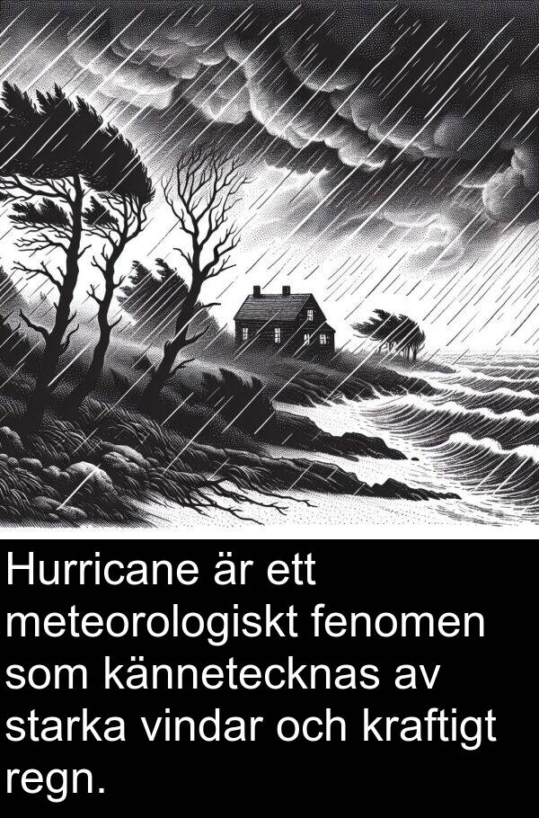 kännetecknas: Hurricane är ett meteorologiskt fenomen som kännetecknas av starka vindar och kraftigt regn.