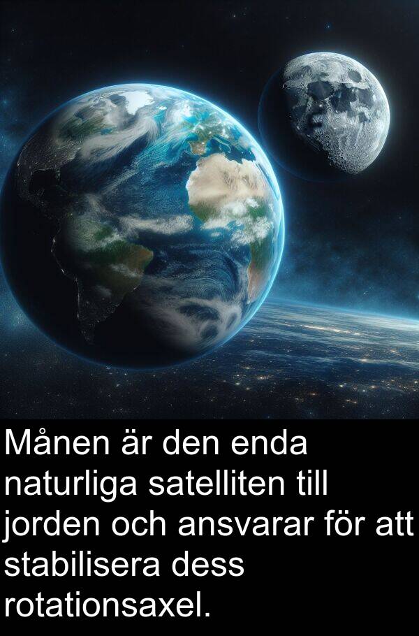 jorden: Månen är den enda naturliga satelliten till jorden och ansvarar för att stabilisera dess rotationsaxel.