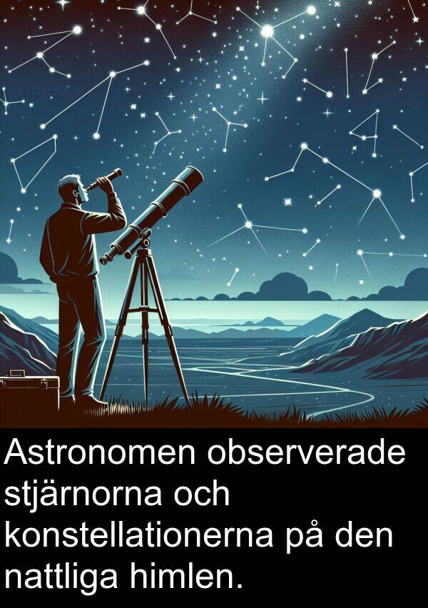 observerade: Astronomen observerade stjärnorna och konstellationerna på den nattliga himlen.