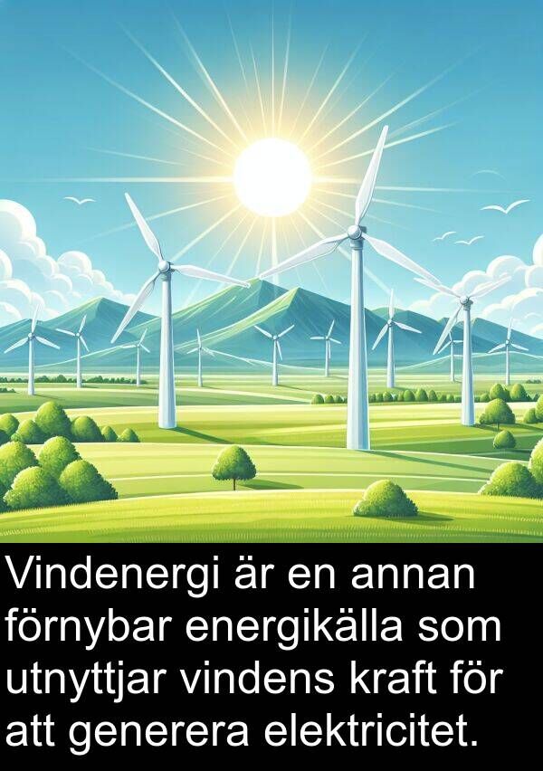 elektricitet: Vindenergi är en annan förnybar energikälla som utnyttjar vindens kraft för att generera elektricitet.