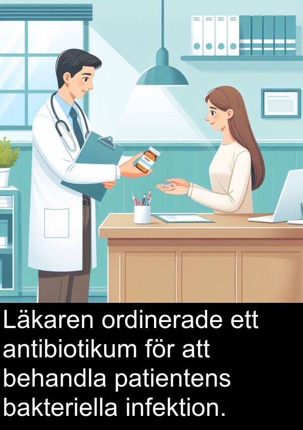 bakteriella: Läkaren ordinerade ett antibiotikum för att behandla patientens bakteriella infektion.