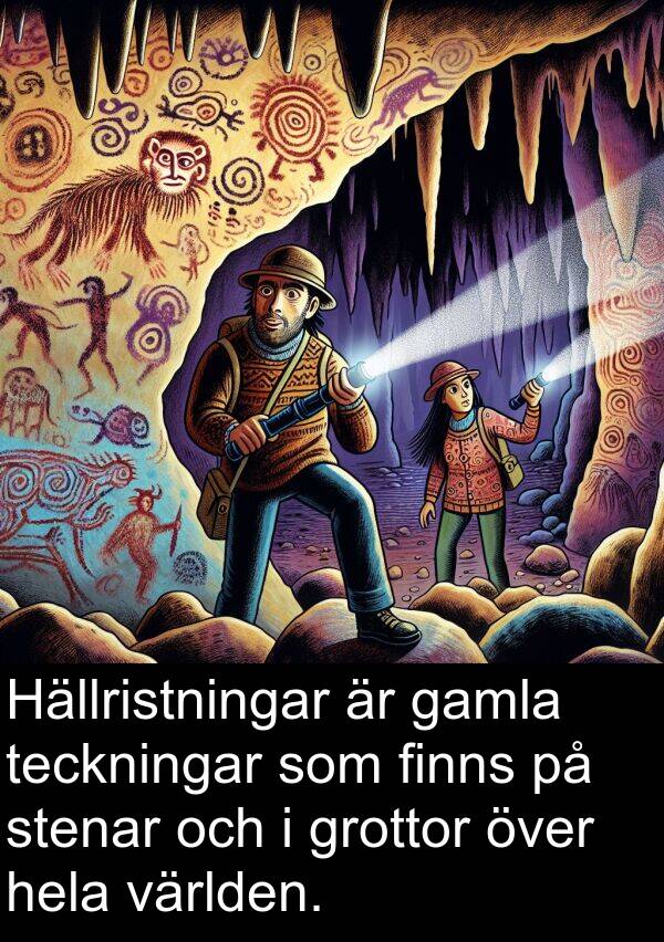 gamla: Hällristningar är gamla teckningar som finns på stenar och i grottor över hela världen.