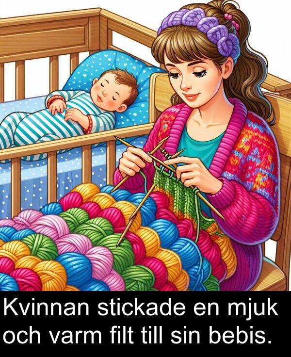 stickade: Kvinnan stickade en mjuk och varm filt till sin bebis.