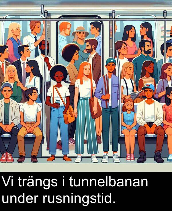 under: Vi trängs i tunnelbanan under rusningstid.