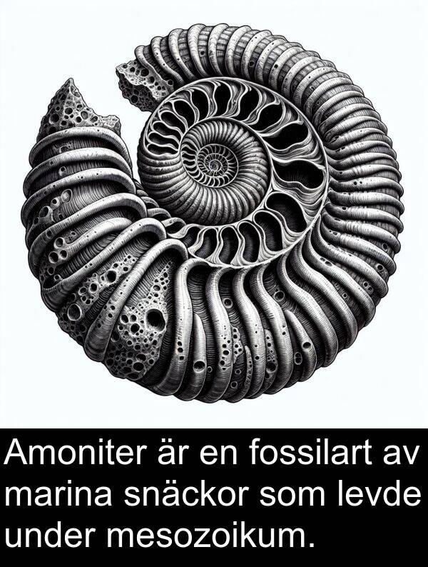 mesozoikum: Amoniter är en fossilart av marina snäckor som levde under mesozoikum.