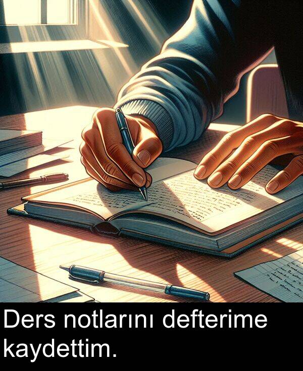 defterime: Ders notlarını defterime kaydettim.