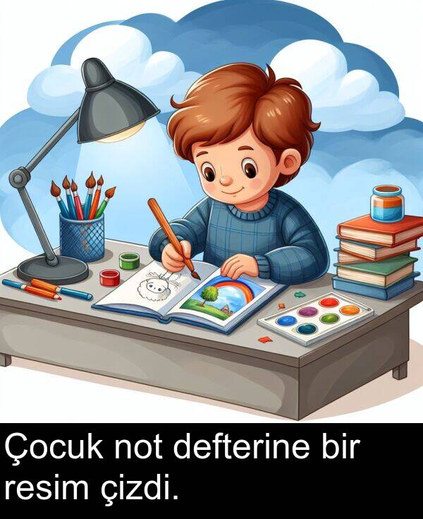 defterine: Çocuk not defterine bir resim çizdi.