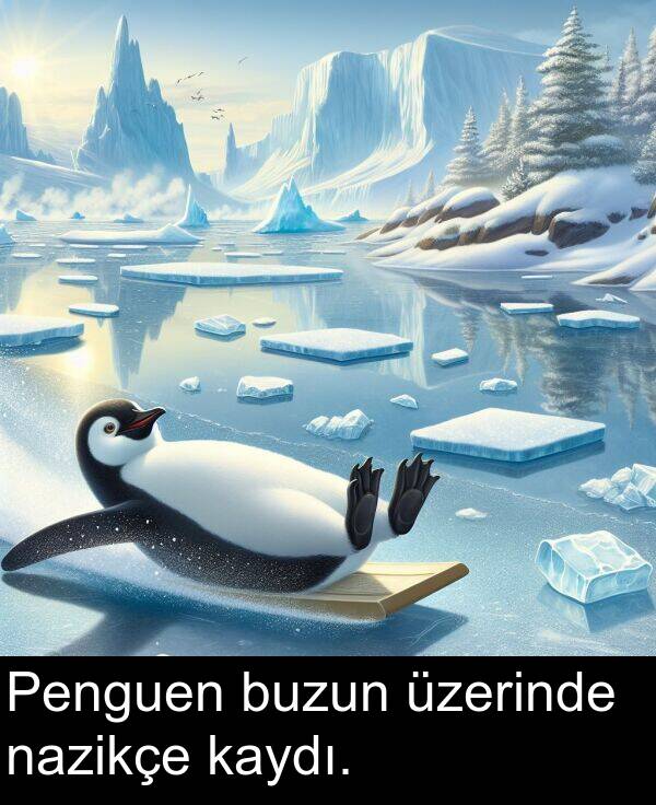 nazikçe: Penguen buzun üzerinde nazikçe kaydı.