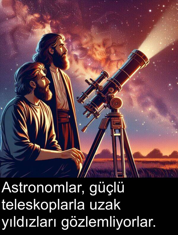 uzak: Astronomlar, güçlü teleskoplarla uzak yıldızları gözlemliyorlar.