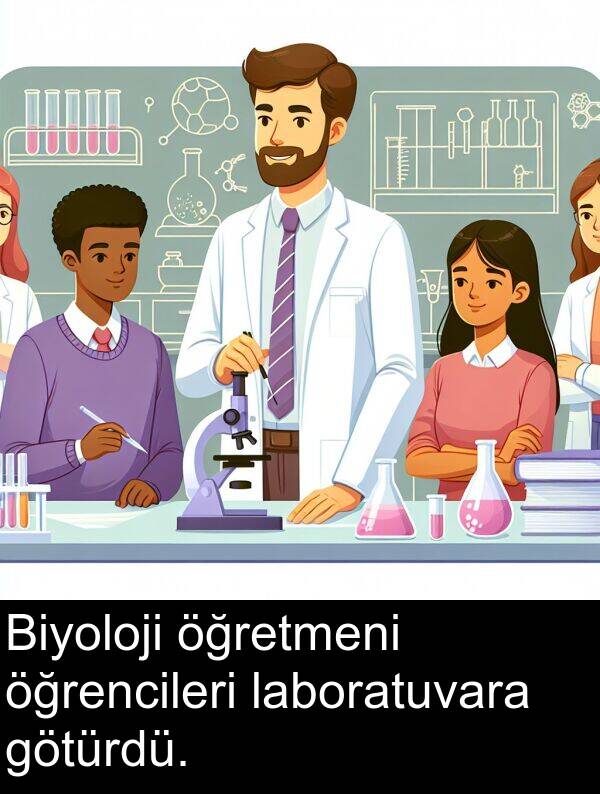 laboratuvara: Biyoloji öğretmeni öğrencileri laboratuvara götürdü.