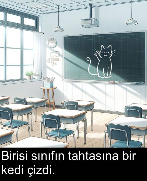 tahtasına: Birisi sınıfın tahtasına bir kedi çizdi.