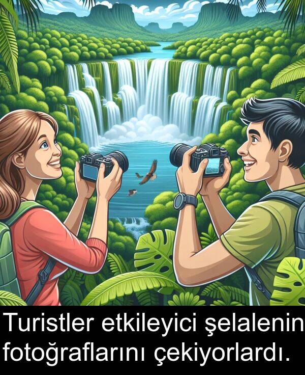 çekiyorlardı: Turistler etkileyici şelalenin fotoğraflarını çekiyorlardı.