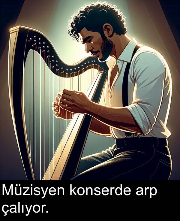 çalıyor: Müzisyen konserde arp çalıyor.