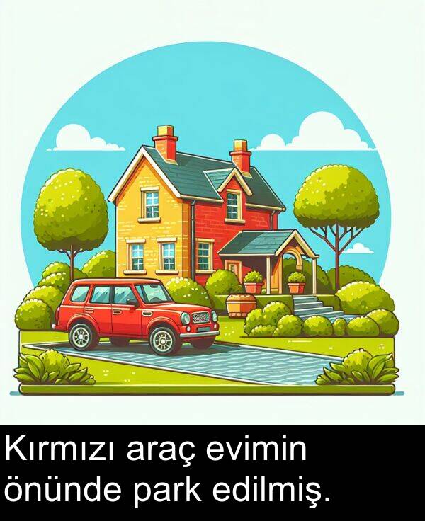 edilmiş: Kırmızı araç evimin önünde park edilmiş.