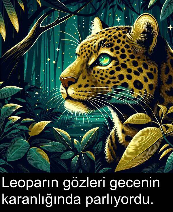 parlıyordu: Leoparın gözleri gecenin karanlığında parlıyordu.