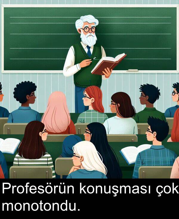 konuşması: Profesörün konuşması çok monotondu.