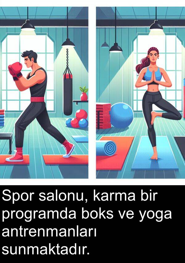 salonu: Spor salonu, karma bir programda boks ve yoga antrenmanları sunmaktadır.