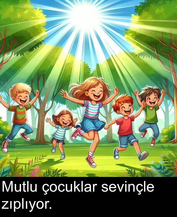 zıplıyor: Mutlu çocuklar sevinçle zıplıyor.