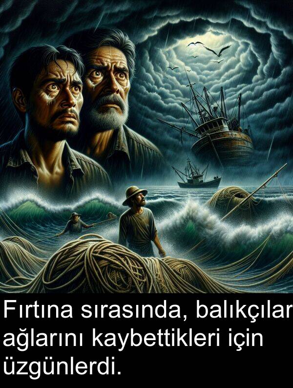 ağlarını: Fırtına sırasında, balıkçılar ağlarını kaybettikleri için üzgünlerdi.