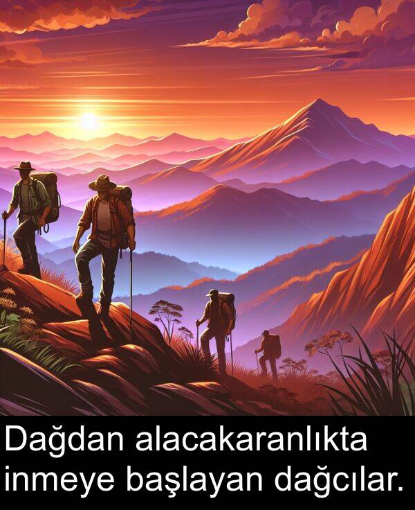 dağcılar: Dağdan alacakaranlıkta inmeye başlayan dağcılar.