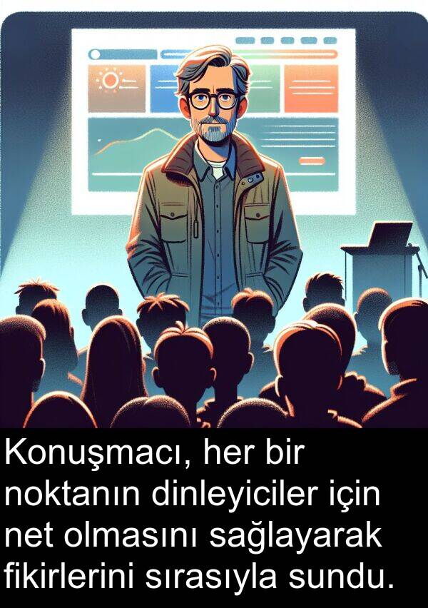 olmasını: Konuşmacı, her bir noktanın dinleyiciler için net olmasını sağlayarak fikirlerini sırasıyla sundu.