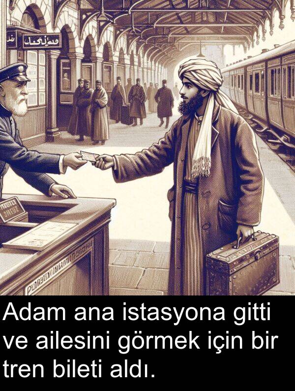 ailesini: Adam ana istasyona gitti ve ailesini görmek için bir tren bileti aldı.