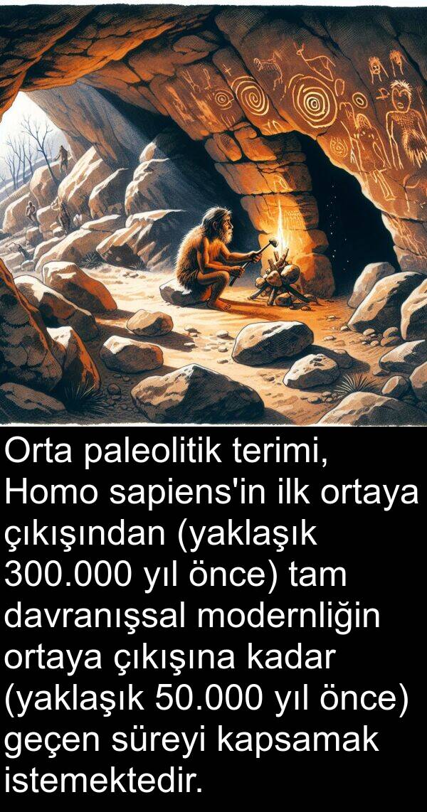 tam: Orta paleolitik terimi, Homo sapiens'in ilk ortaya çıkışından (yaklaşık 300.000 yıl önce) tam davranışsal modernliğin ortaya çıkışına kadar (yaklaşık 50.000 yıl önce) geçen süreyi kapsamak istemektedir.